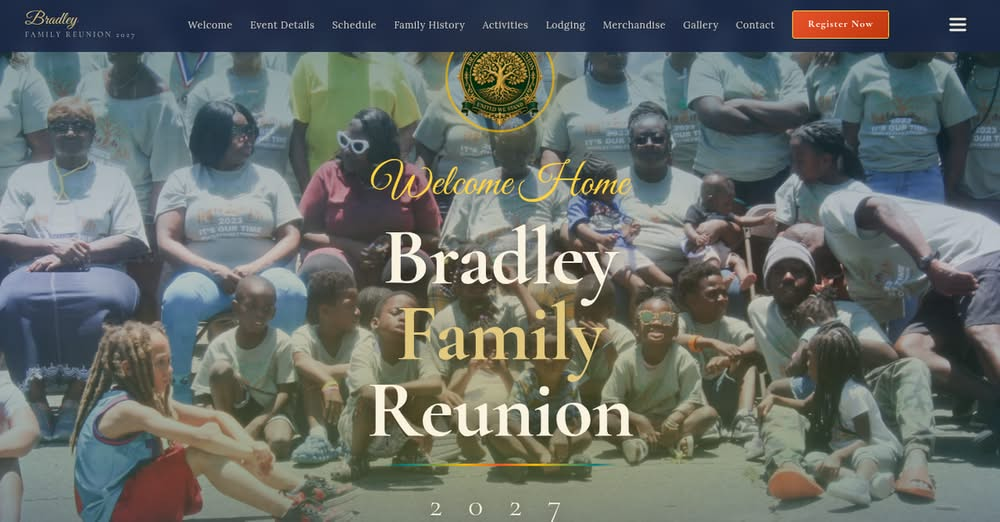 Bradley family gathered together with Welcome Home Bradley Family Reunion 2027