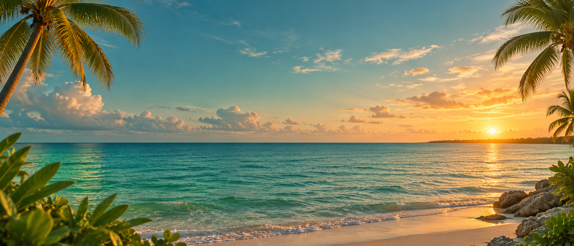 Florida Gulf Coast shoreline with palm trees and golden sunshine